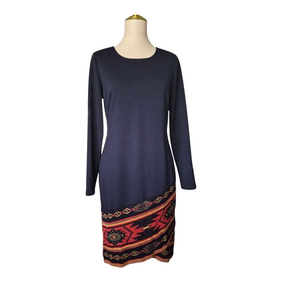 Boston Proper Dresses & Skirts - Boston Proper Knit Sheath Dress Size 8 Navy Southwestern Print Long Sleeve